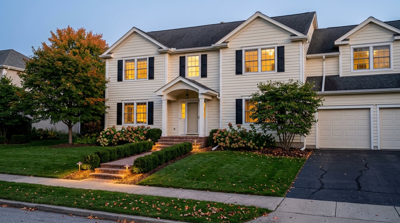Two-story cream colonial home with glowing windows, brick steps, clipped hedges, and orange leaves at dusk.