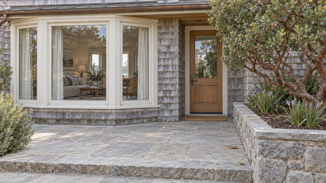 Weathered shingle cottage with a glazed bay, oak entry door, limestone terrace and a sculptural manzanita in a granite raised bed.