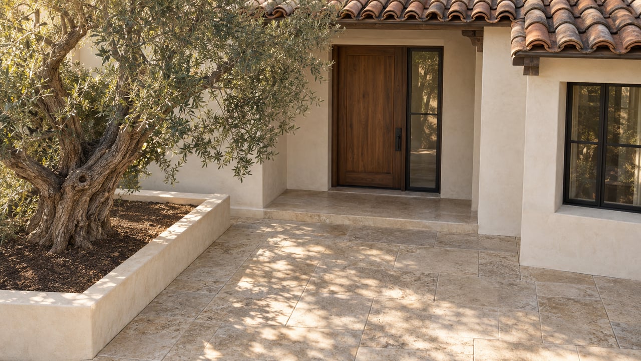 Recessed walnut entry door beneath a clay-tile roof, beside an olive tree and limestone-paved approach.