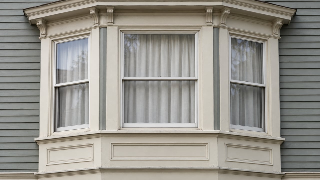 Close view of an ivory-trimmed projecting bay window on a gray-green wood-sided home, with softly weathered joinery and linen curtains.