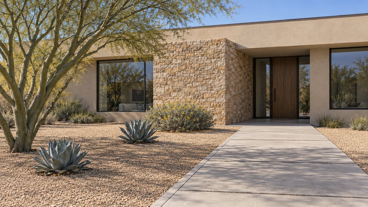 Desert-modern home with sand-colored stucco, a stone entry volume and an open gravel garden shaded by a blue palo verde.