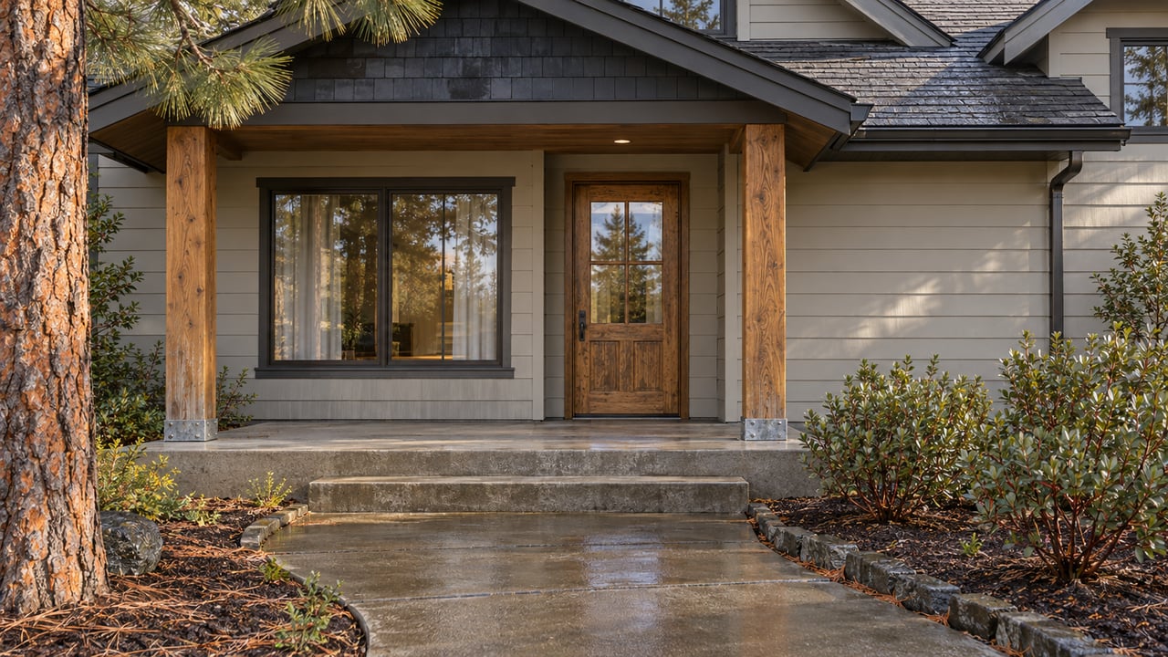 Rain-darkened concrete approach and sheltered timber porch of a light-sided home, with ponderosa pine bark and manzanita planting.