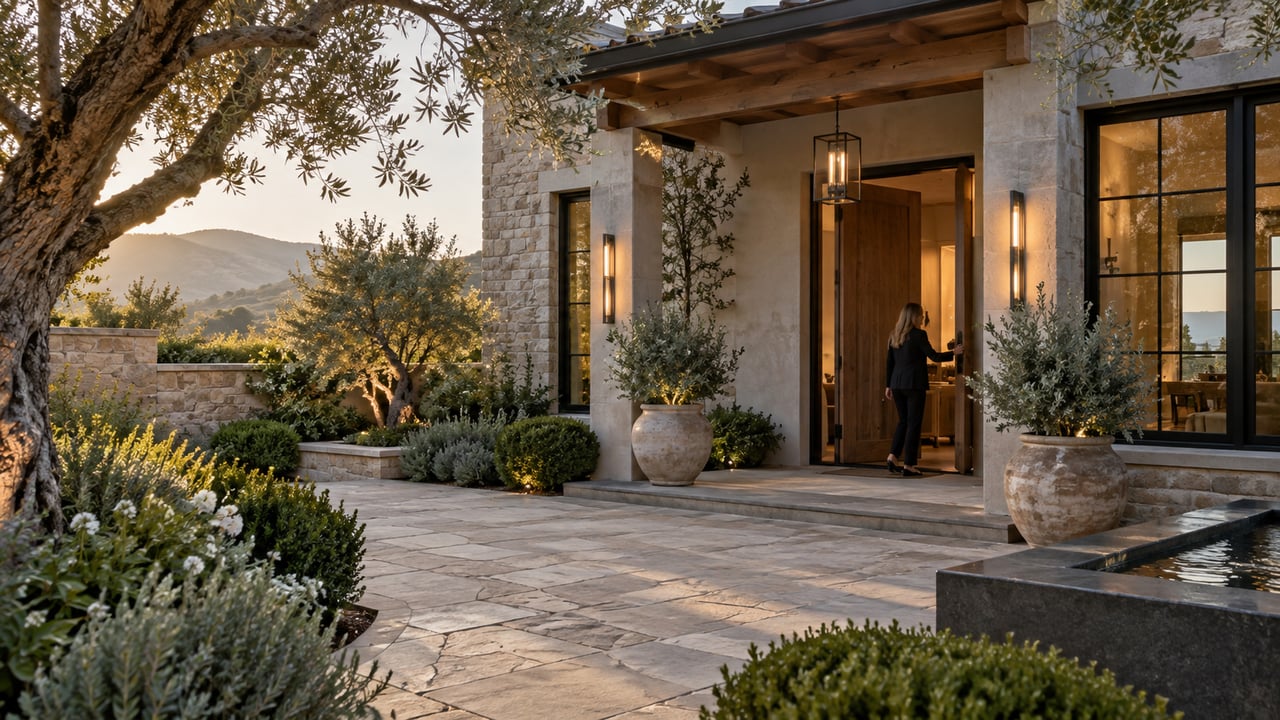 A refined estate entry sequence presents architecture, landscaping, privacy, and arrival quality as one cohesive luxury property experience.