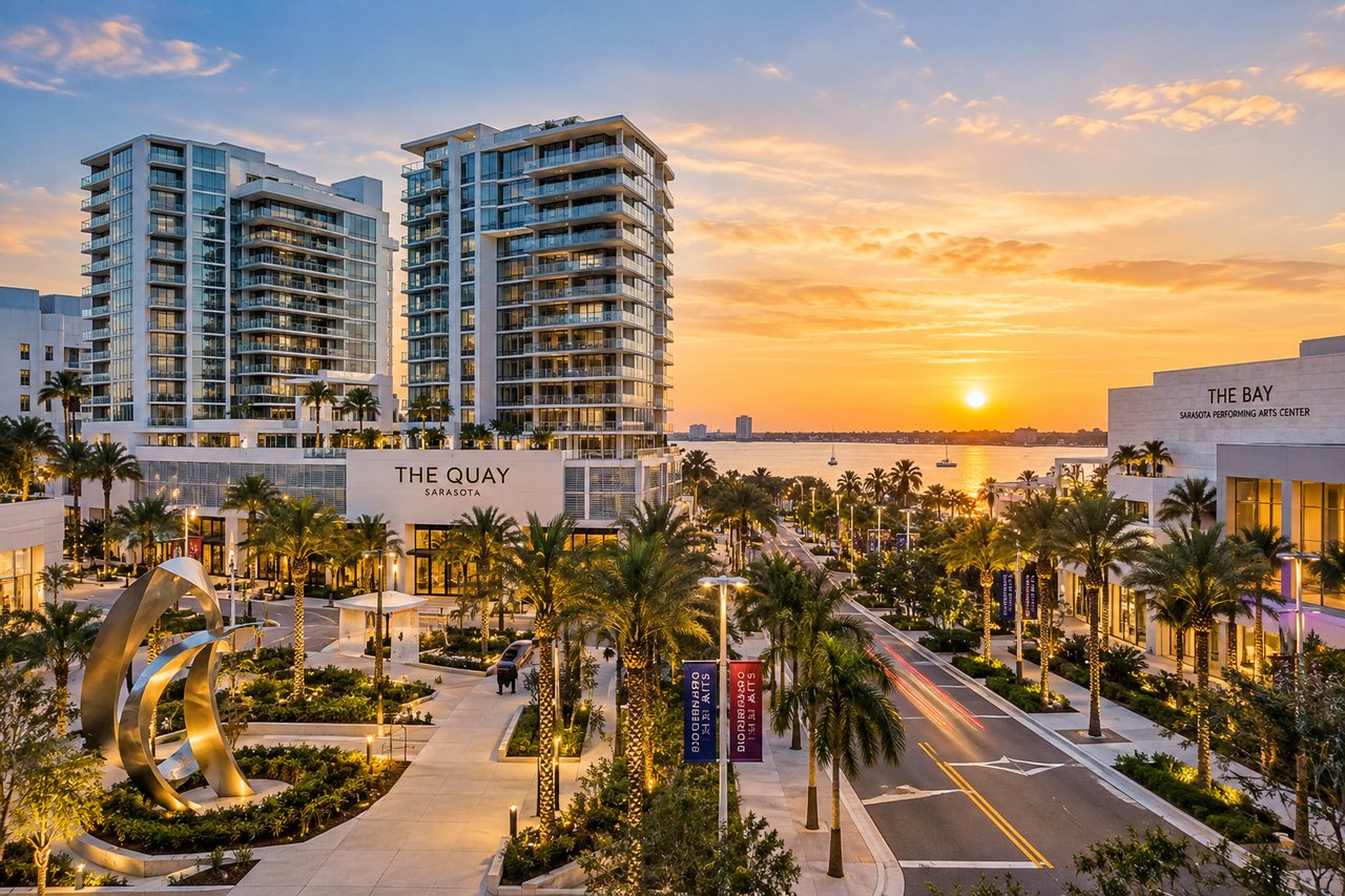 The Quay condominium towers and landscaped waterfront at sunset, with Sarasota Bay in the background.
