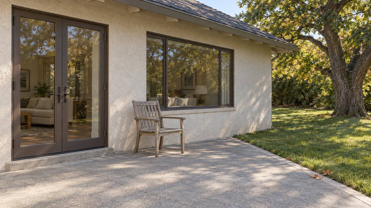 Morning light on a stucco home's glazed patio doors, weathered teak chair, concrete terrace, and oak-shaded lawn.