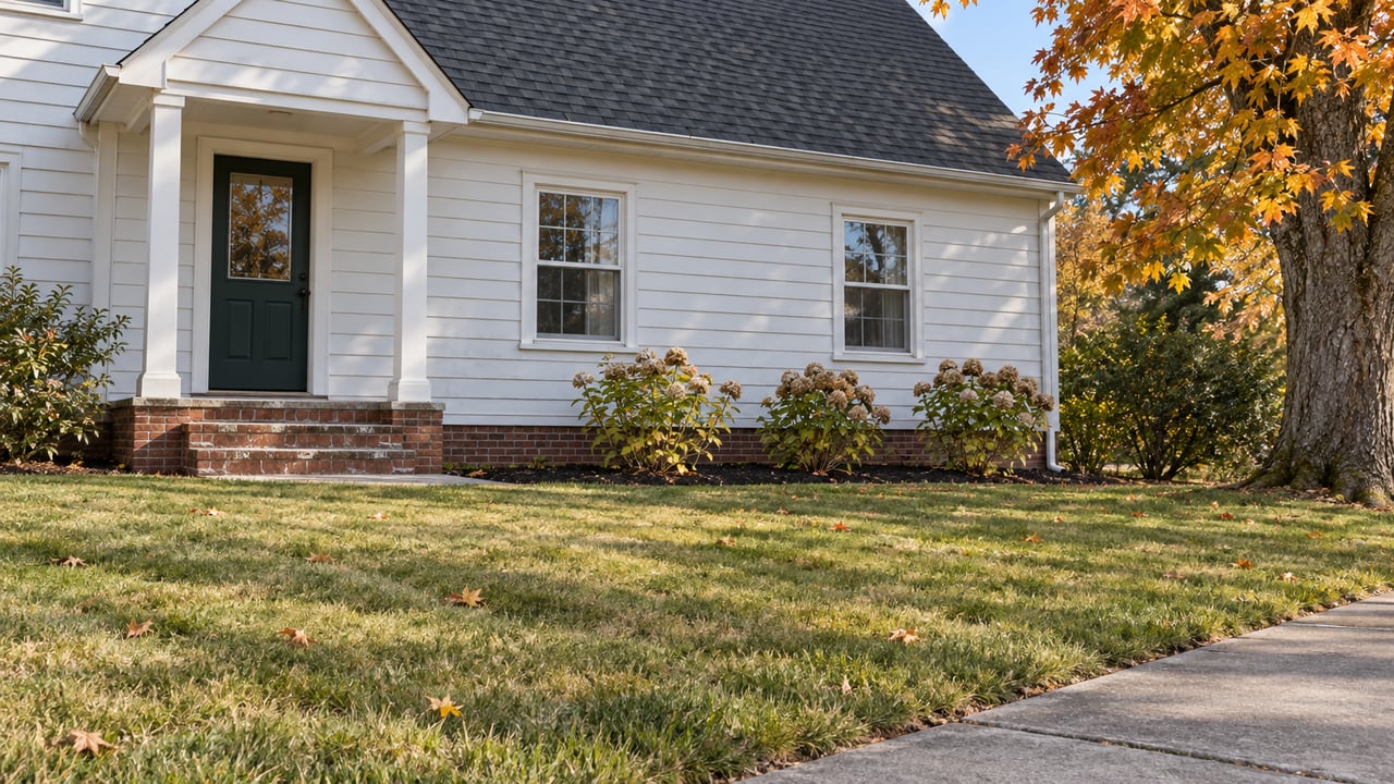 Autumn sunlight on a white clapboard house with brick entry steps, a deep front lawn and an amber sugar maple.