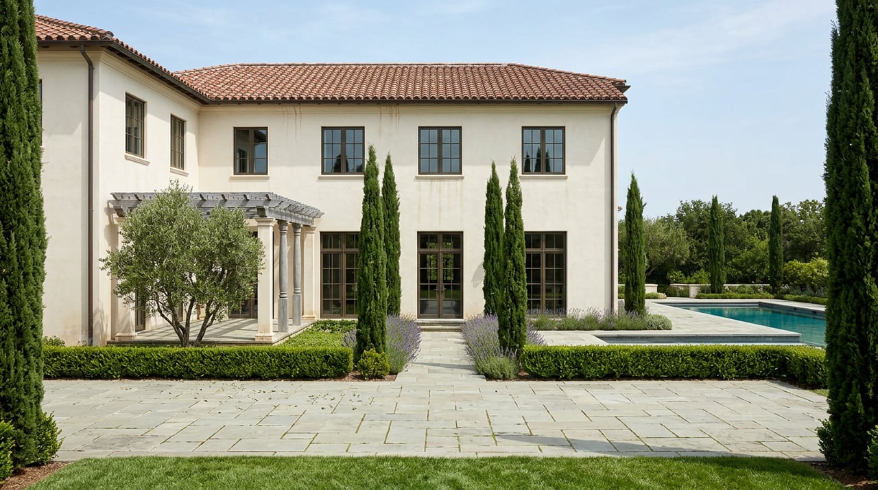 Tuscan villa with a clay-tile roof, cypress-lined entry path, pergola-shaded loggia, and glimpse of a turquoise pool.