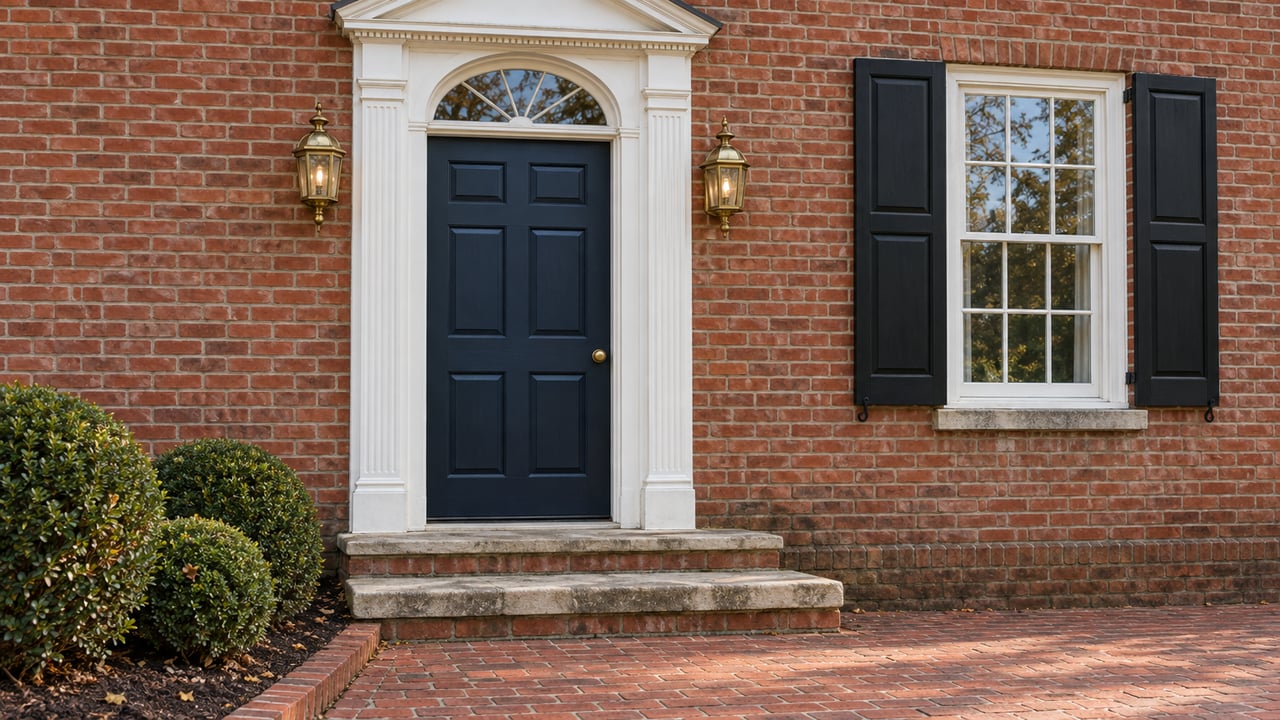 Red-brick home entry with a navy door, white pediment, paired lanterns, limestone steps and clipped boxwood beside a brick walk.