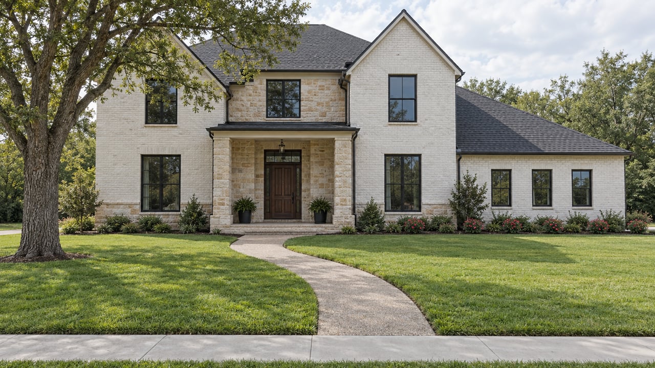 White brick and limestone home with steep gables, black-framed windows and a deep lawn shaded by a mature oak.