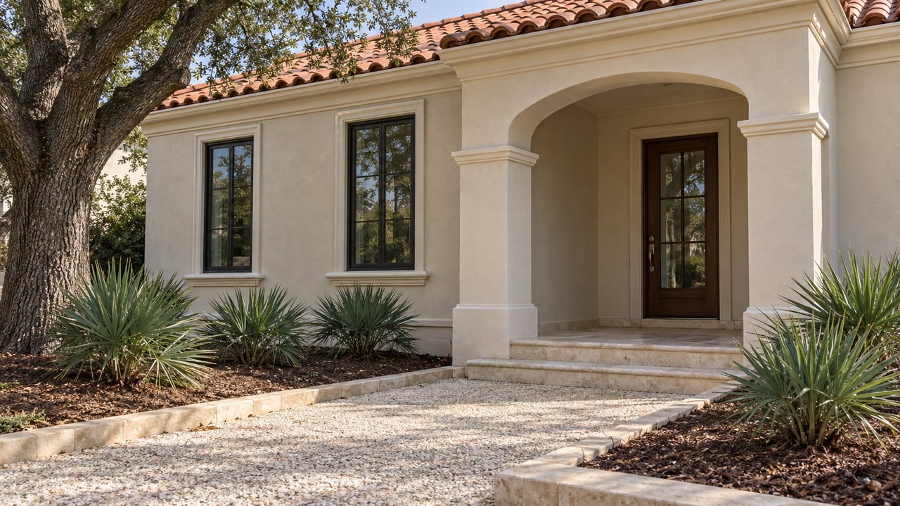 Cream stucco home with a terracotta roof, shaded arched porch, shell-aggregate walk and blue-green fan palms beneath a spreading oak.