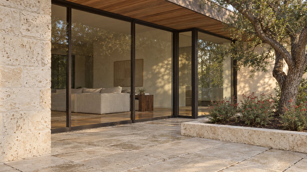 Covered limestone terrace beside bronze-black glazing, with a warm enclosed living room and a mature live oak in a stone-edged planting bed.