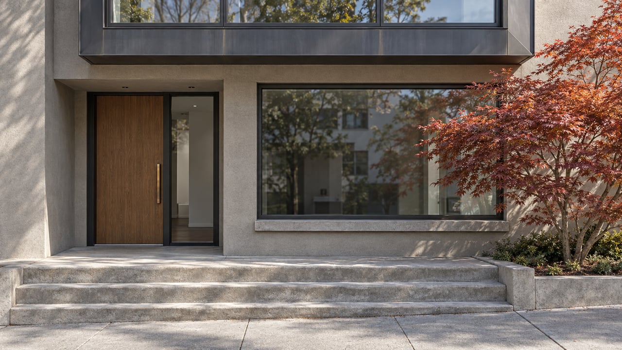 Contemporary narrow home with charcoal-framed bay windows, an oak entry door, concrete steps and a copper-red Japanese maple.