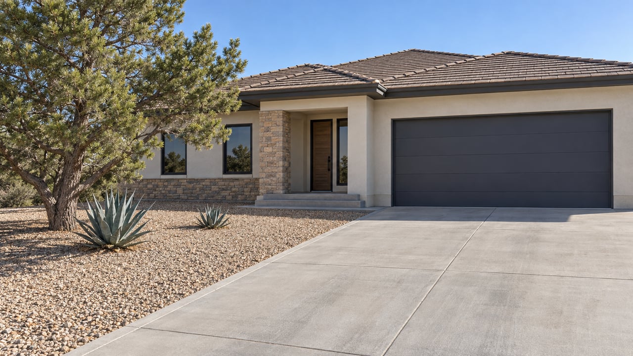 Warm off-white stucco home with a low tile roof, charcoal double garage, deep concrete driveway and a gravel garden with a sculptural pinyon pine.