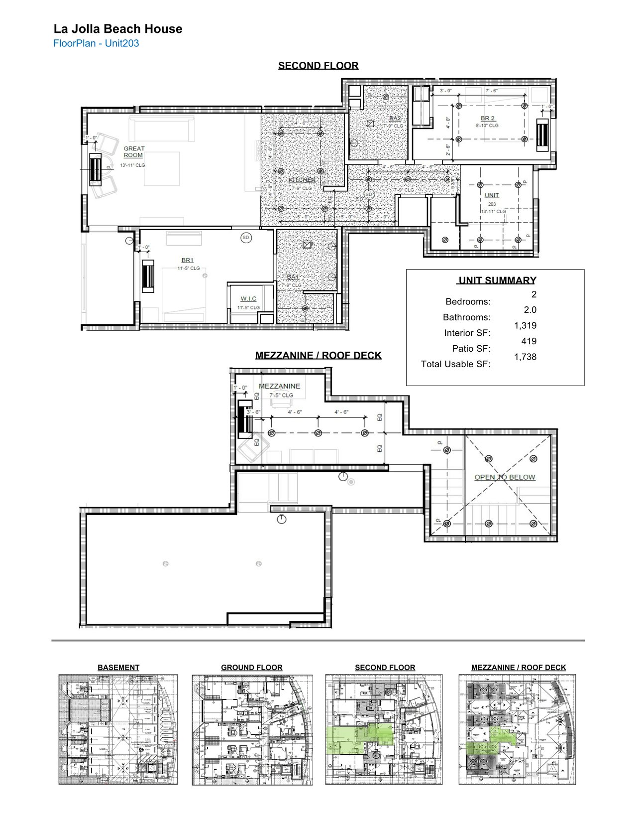 Floor plan for La Jolla Beach House Unit 203, showing two bedrooms, two bathrooms, and mezzanine roof deck.