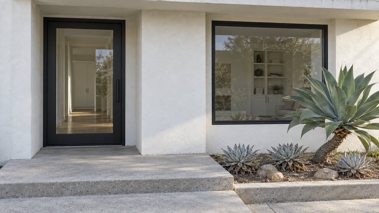 A sunlit white-stucco home entrance with black-framed glazing, a pale concrete landing and sculptural succulents.