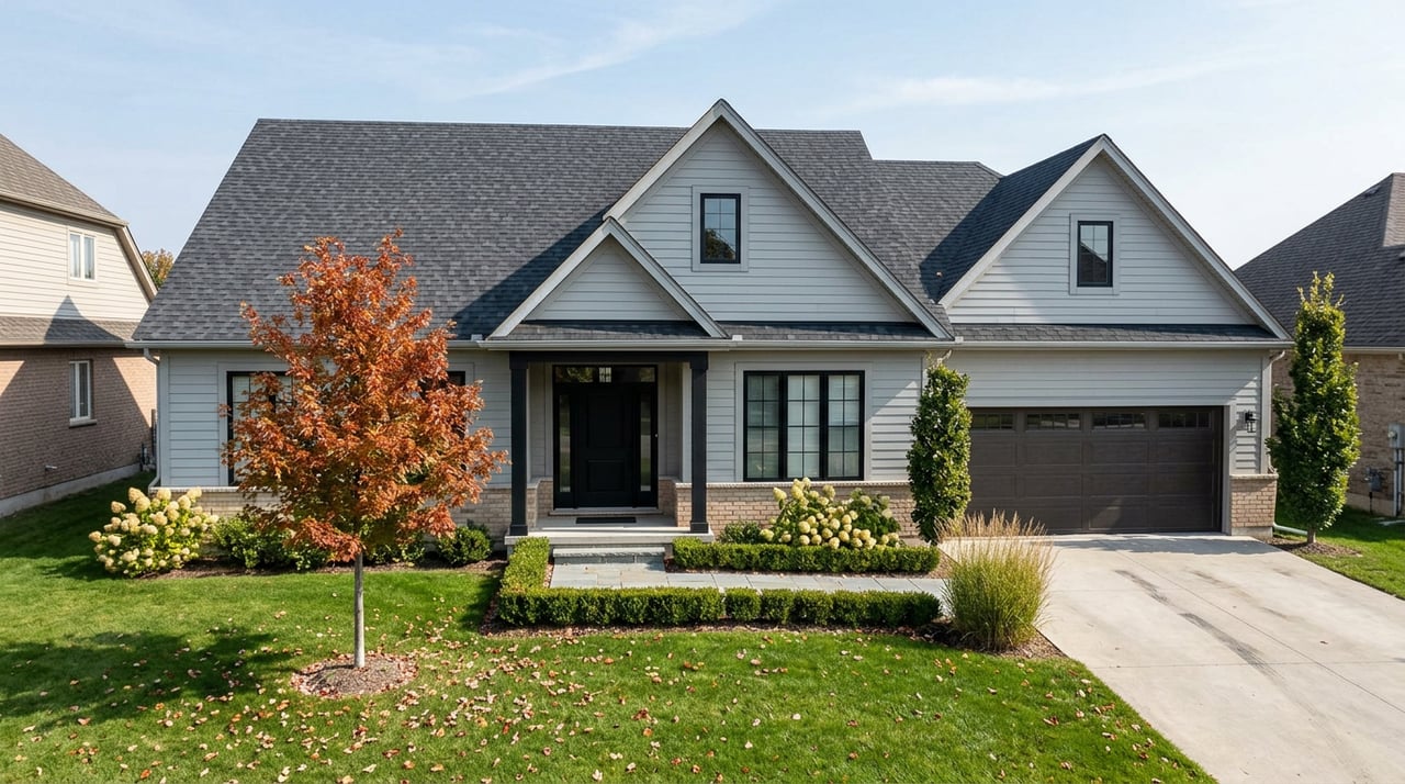 Gray gabled home with a covered entry, deep lawn, orange-red maple, and scattered fallen leaves.