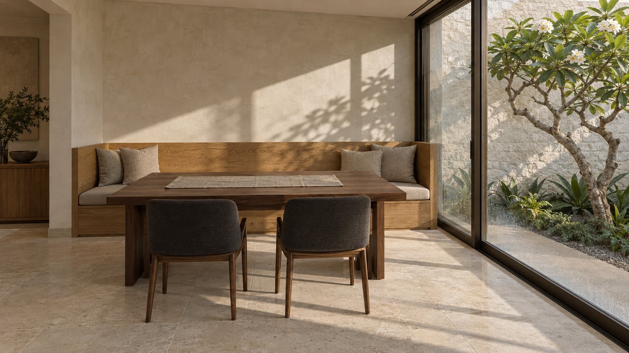 Walnut dining table beside an oak banquette and charcoal chairs, with a courtyard plumeria visible through glass.