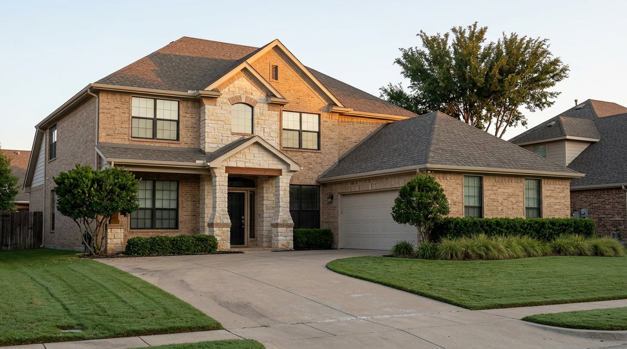 Two-story buff-brick home with a stone entry portico, dark shingle roof, curved driveway, and mature elm tree.