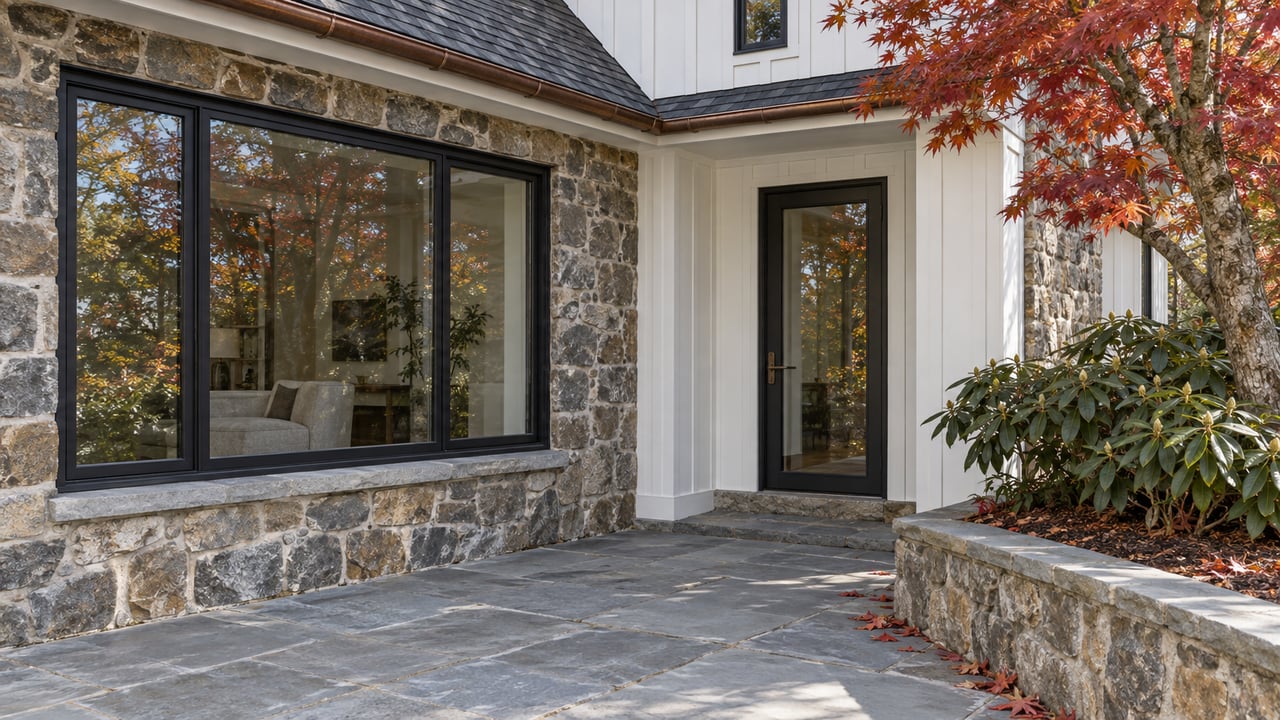 Autumn light falls across a fieldstone home with white siding, dark-framed glazing, and a stone terrace beside red maple foliage.