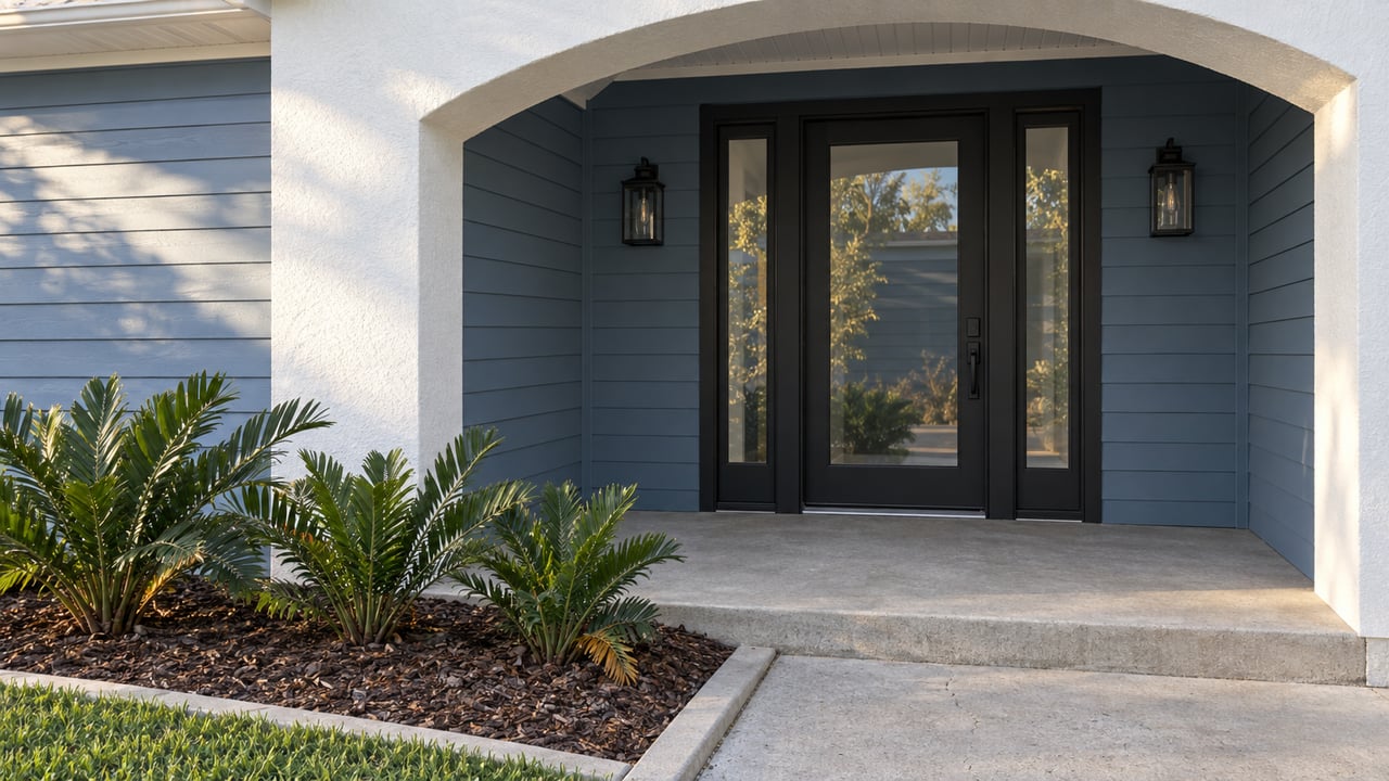 White stucco arch framing a blue-sided covered entry, with a black glazed door, paired lanterns, concrete steps and coontie planting.