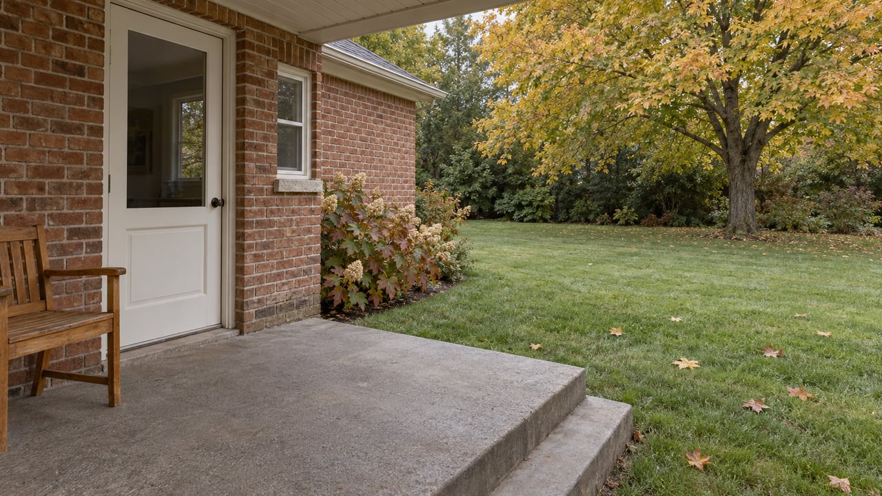 Covered brick-house porch with a closed glass-paneled door, a timber chair, and a deep lawn beneath a gold-leaved sugar maple.