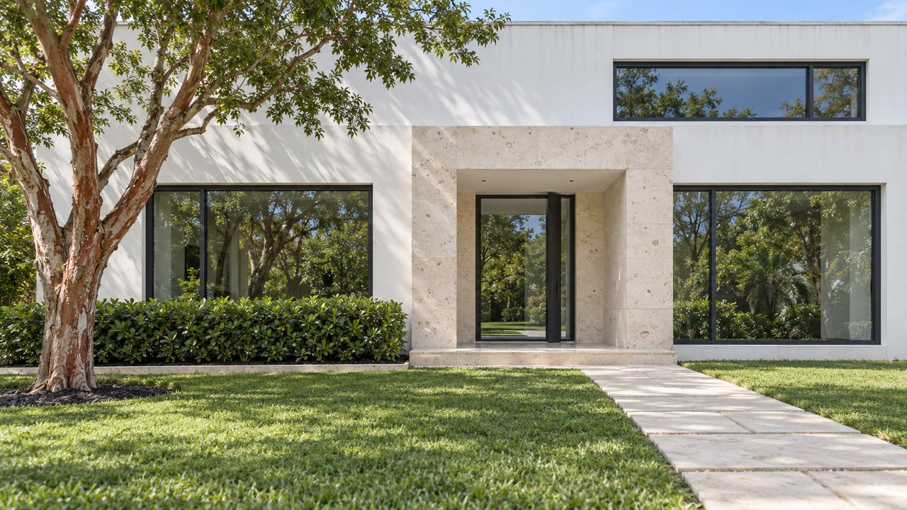 Contemporary white stucco home with dark-framed windows, limestone entry paving and a deep tropical front lawn.