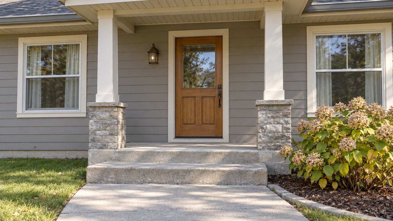 Sunlit ranch-home entry with gray siding, a wood door, stone porch bases and broad concrete steps beside a flowering shrub.