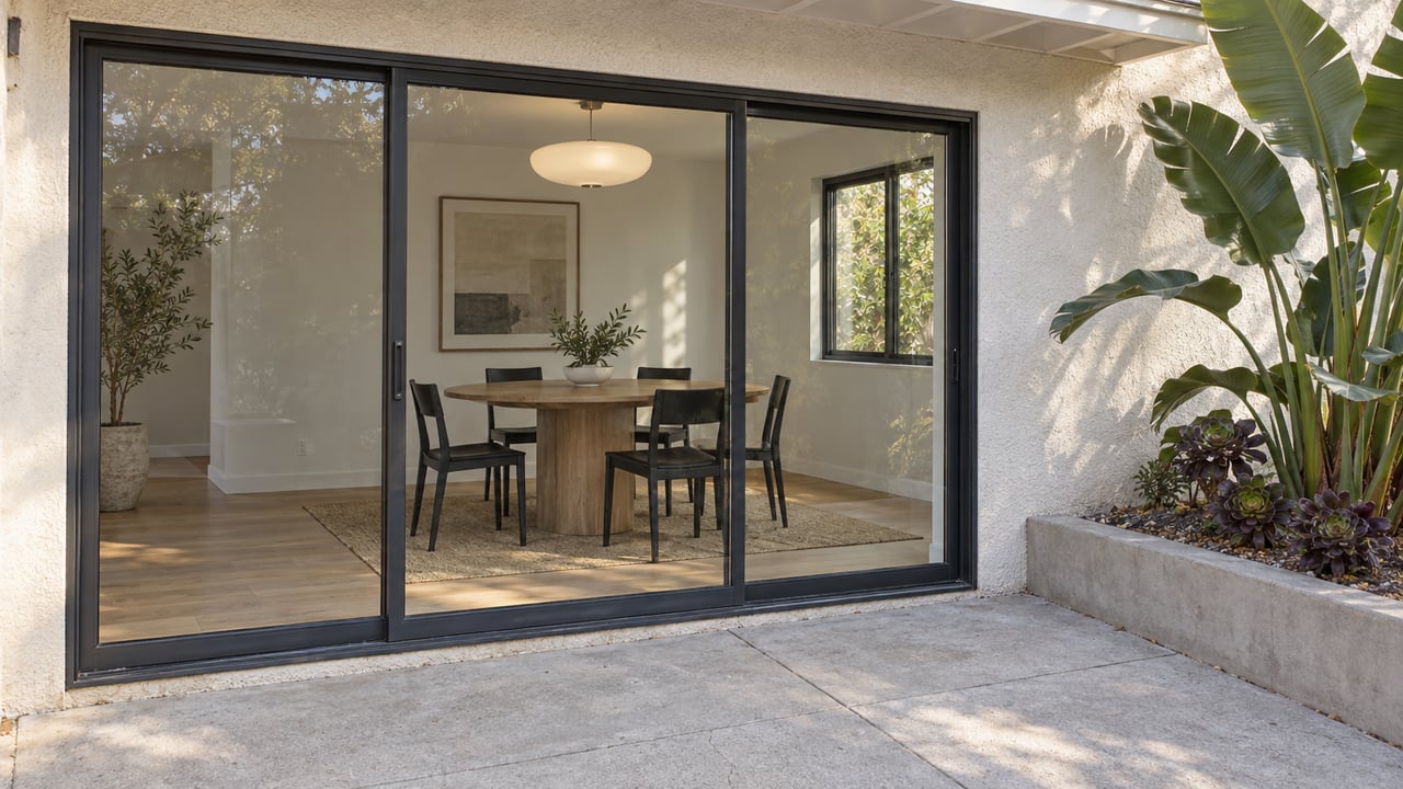 Covered patio beside an off-white stucco home, with closed dark-framed glass doors revealing an oak dining table and a raised concrete bed of bird-of-paradise and aeonium.