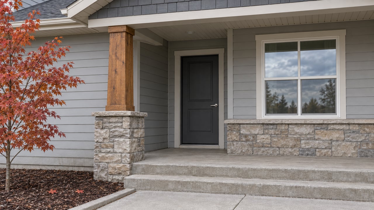 Home entrance with a black door, stone veneer, timber porch column, and red autumn leaves.
