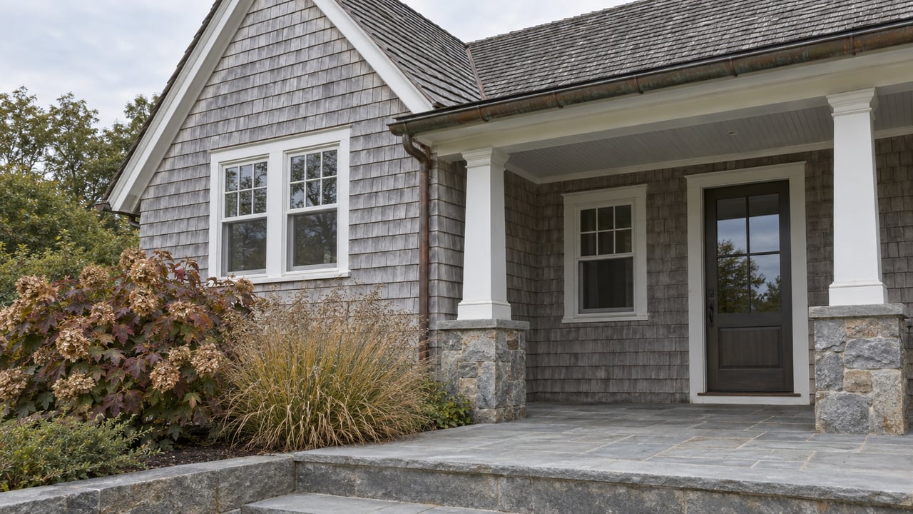 Weathered cedar-shingle house with a steep gable, covered bluestone entry porch and autumn oakleaf hydrangea.
