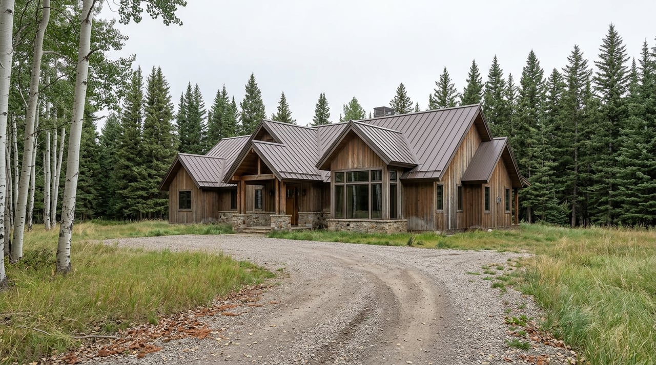 Mountain lodge with timber entry and dark metal roof beyond a gravel drive and naturalized meadow, backed by spruce trees.