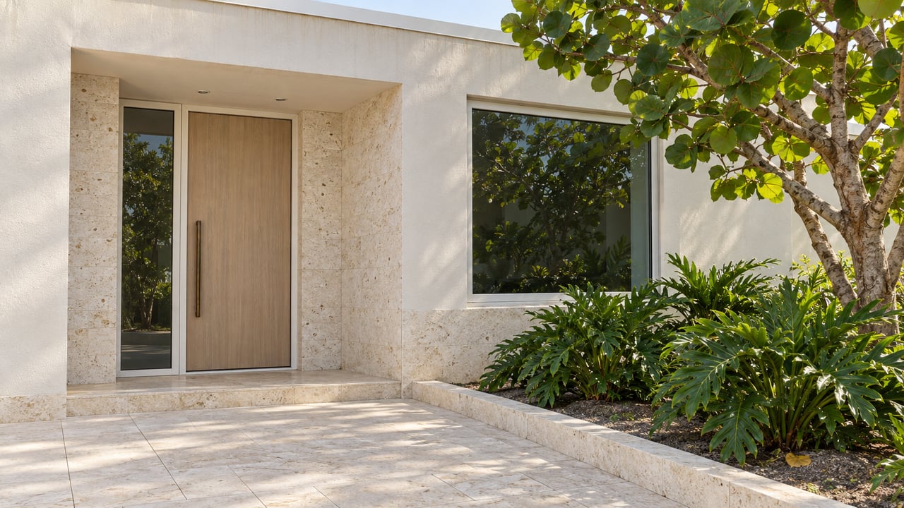 Warm-white stucco residence with a limestone entry recess, pale wood door and sea-grape planting beside a stone approach.