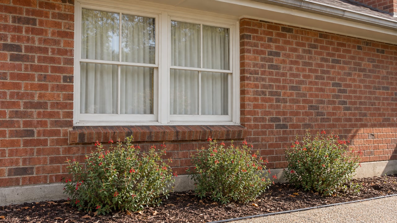 Sunlight on a reddish-brown brick home, a white-framed window, and three coral-flowering sage shrubs beneath the sill.