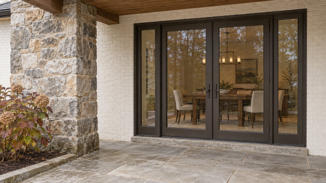 Covered limestone terrace with a stone pier, warm timber ceiling, bronze-framed glass doors and autumn oakleaf hydrangea.