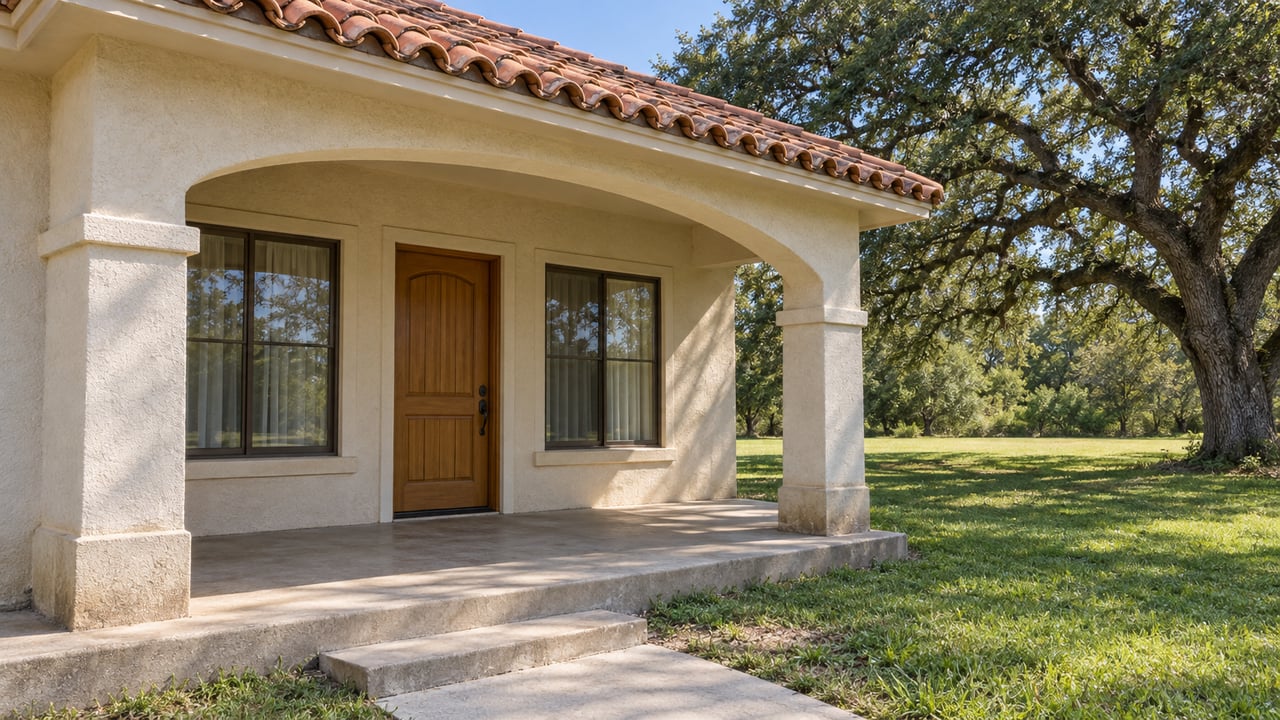 A terracotta-roofed stucco home with an arched entry porch, broad lawn and mature spreading oak.