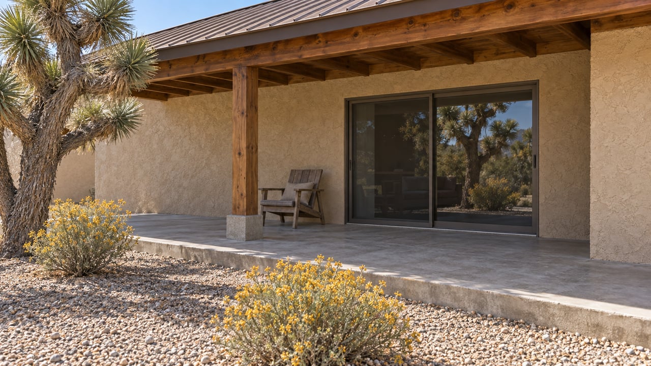 A shaded timber-roofed patio beside a sand-colored ranch home, with closed glass doors, weathered wood seating and desert planting in gravel.
