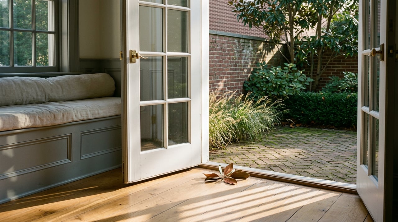 Open French doors frame a brick terrace and garden wall, with a built-in window seat and sunlit oak floor.