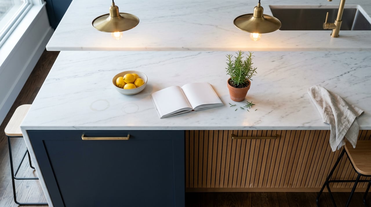 Kitchen island with lemons, cookbook, rosemary, veined stone, navy cabinetry, slatted wood, and brass pendants.
