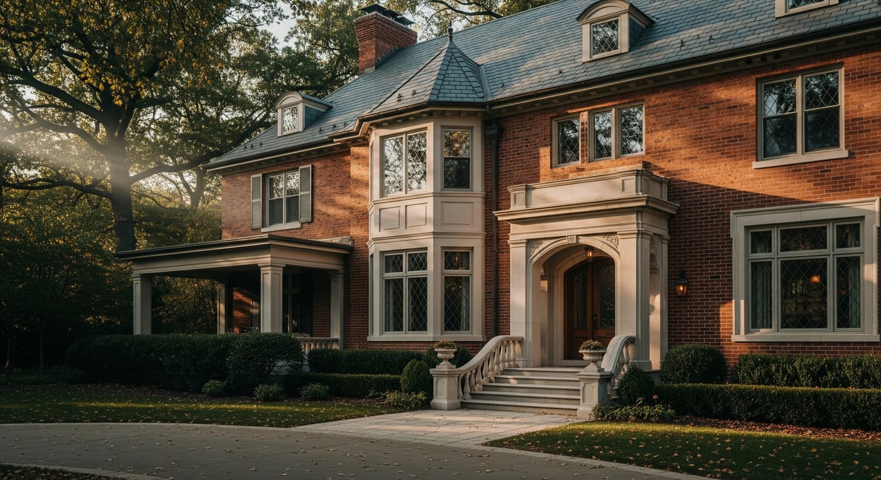 Red-brick house with a stone arched entrance, front steps, and a covered porch beneath mature trees.