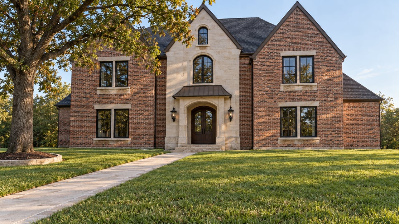 A substantial brick home with a limestone entrance, dark gabled roof and mature oak across a broad green lawn.