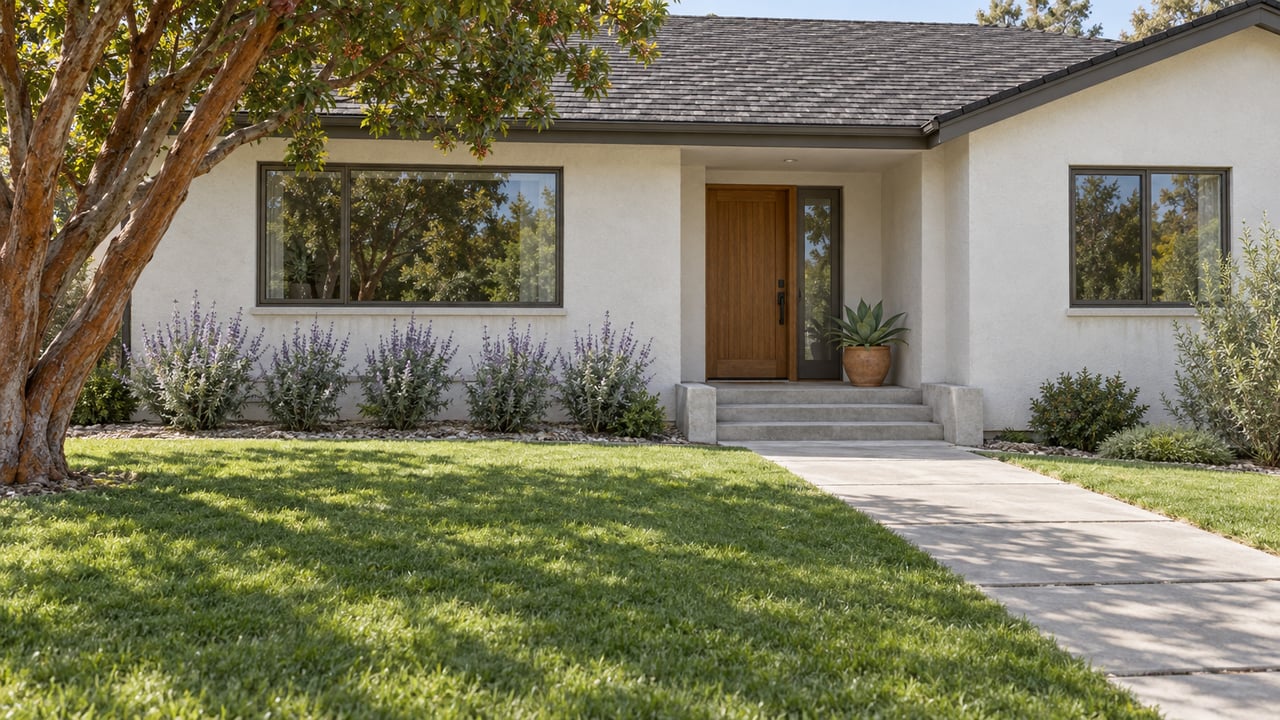 Updated single-story home with warm-white stucco, a dark shingle roof, oak entry door and a deep green front lawn.