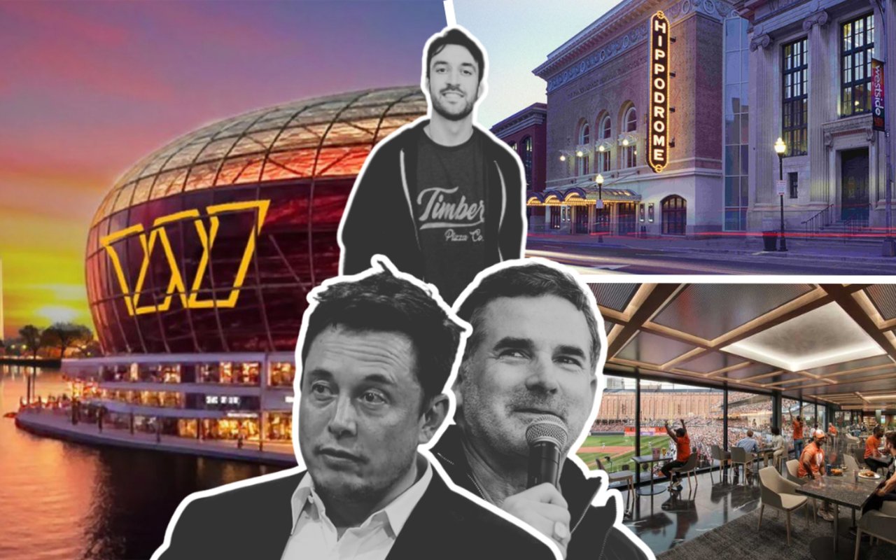 Regional redevelopment collage with a waterfront arena, the Hippodrome, a stadium-view restaurant, and three men.