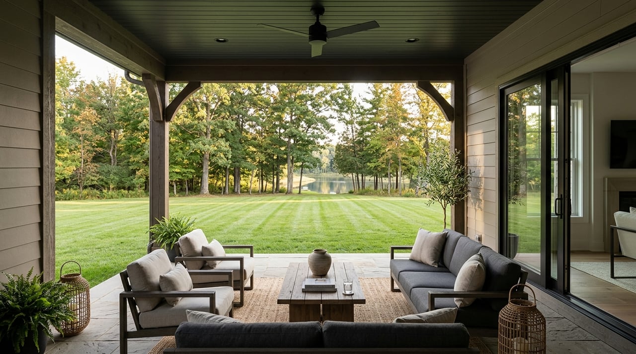 Covered porch with sliding doors, lounge chair and teak table overlooking lawn and tree-lined water.