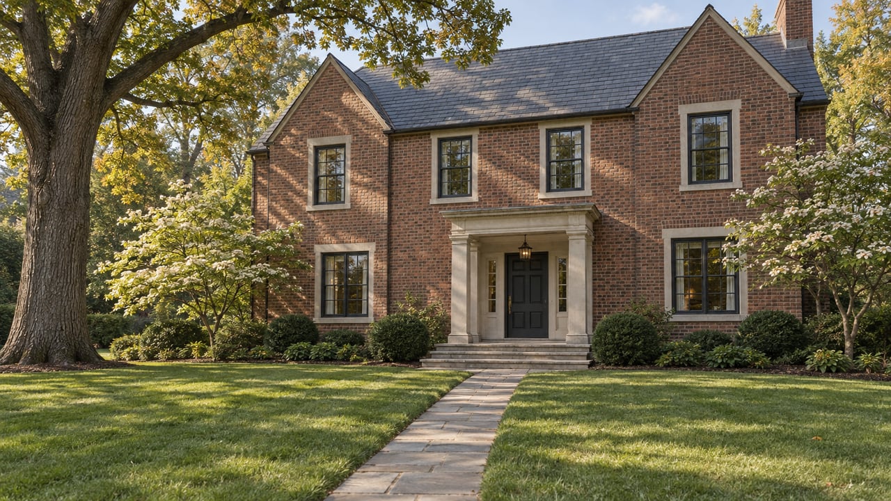 Traditional brick-and-limestone house beyond a broad lawn, with a stone walk and mature oak tree.