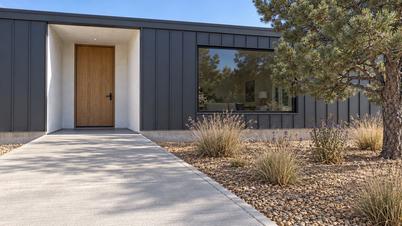 Contemporary single-story home with charcoal metal cladding, a recessed oak entry, and a concrete approach beside pine and dry planting.