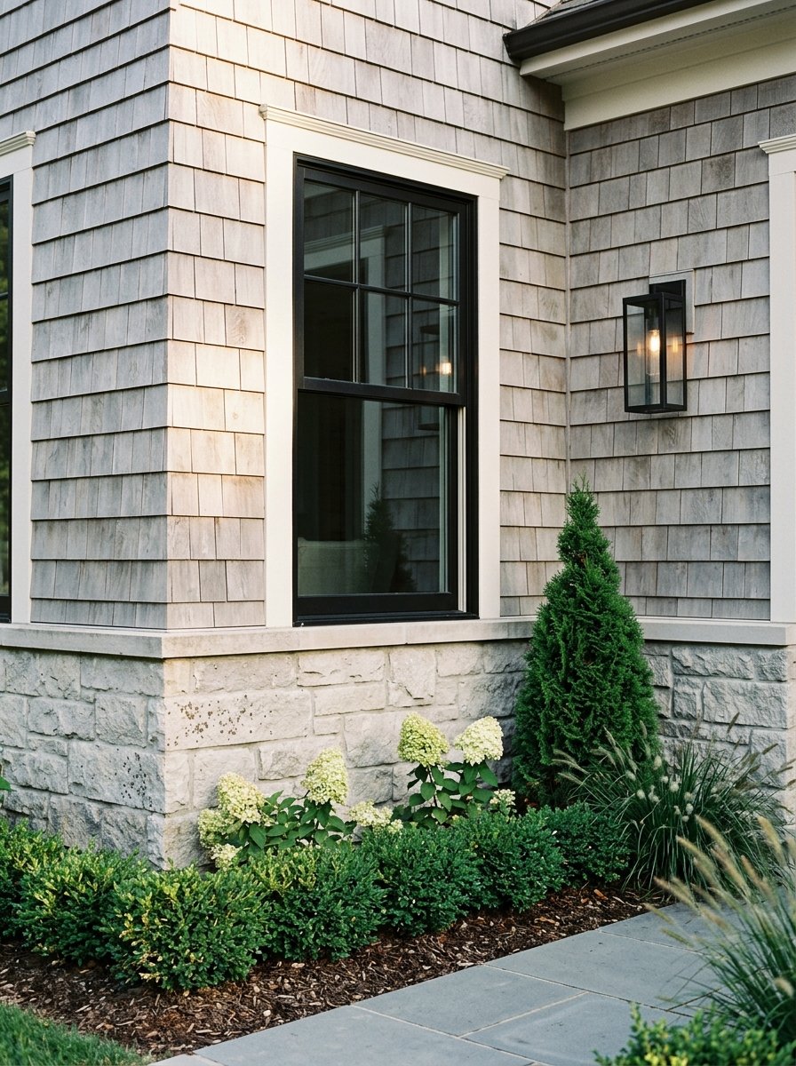 Gray cedar shingles and limestone surround a black-framed window and lit sconce above a bluestone walkway.
