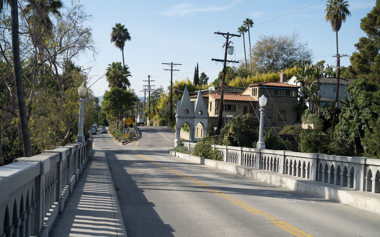 Neighborhood street crossing a concrete bridge, lined with palm trees and hillside homes.