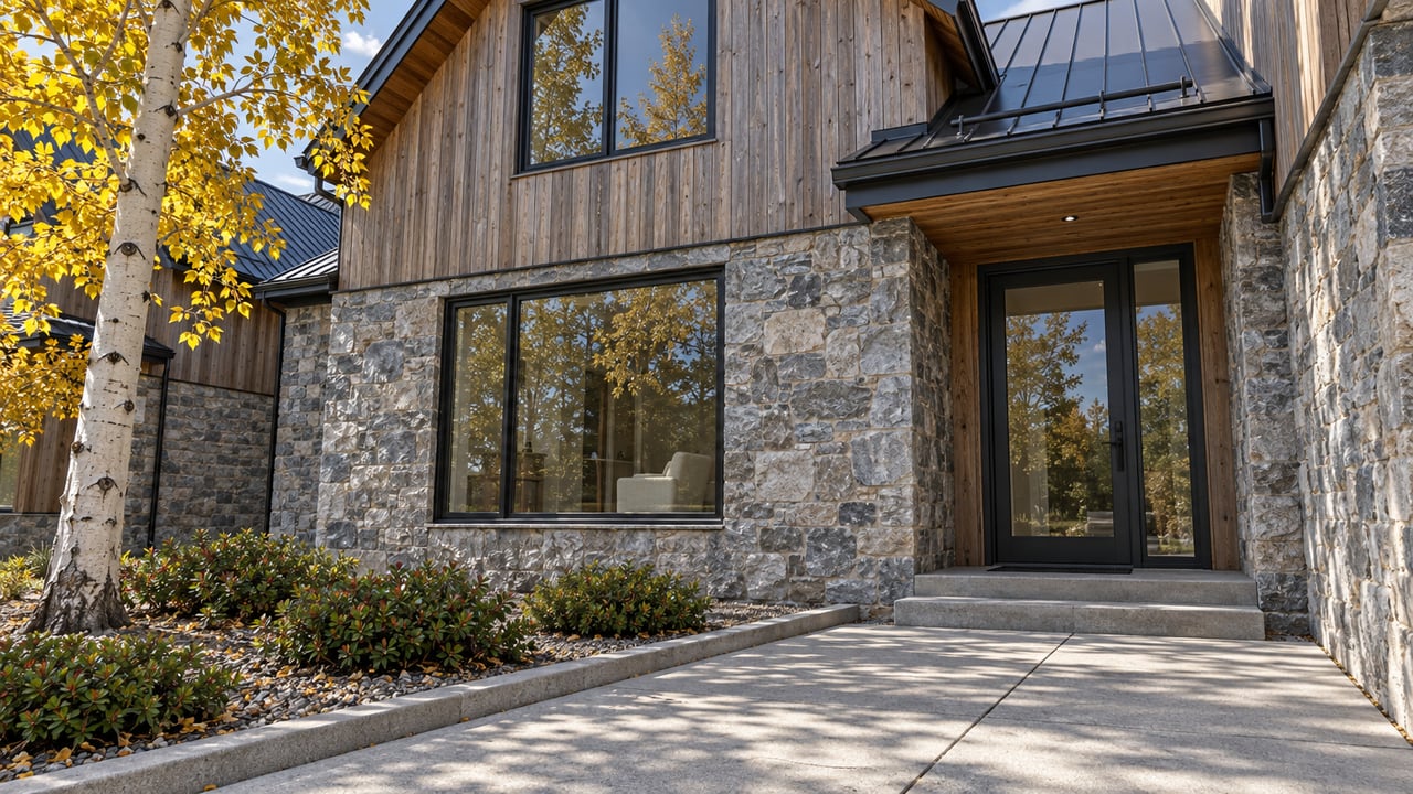 Contemporary gabled residence with weathered cedar, gray stone, tall windows and a yellow-leaved aspen beside a concrete approach.