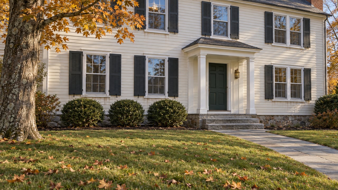 Ivory clapboard home with dark shutters, a green front door and a bluestone approach across an autumn lawn.