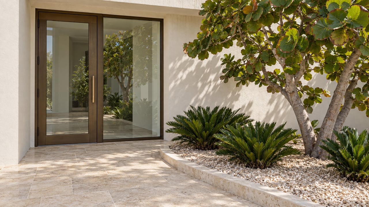 Cream stucco entry with bronze-framed glazing, limestone paving and a sculptural sea grape above coontie planting in a shell-mulched bed.